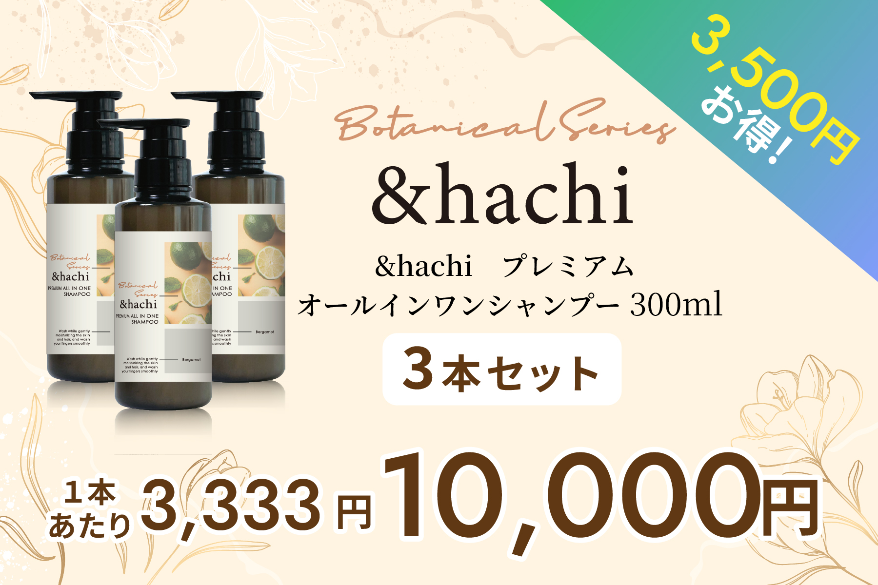 セット3本 ＆hachi プレミアム　オールインワンシャンプー 300ml